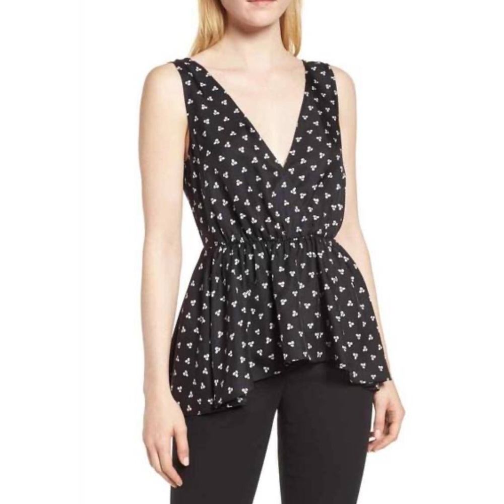 Lewit Black Silk Sleeveless V-Neck Peplum Top with White Micro Floral Print, S